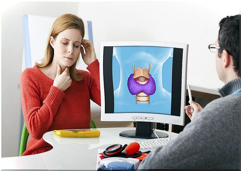 Doctor explains to woman the physiology of the thyroid gland and effects of thyroid hormones